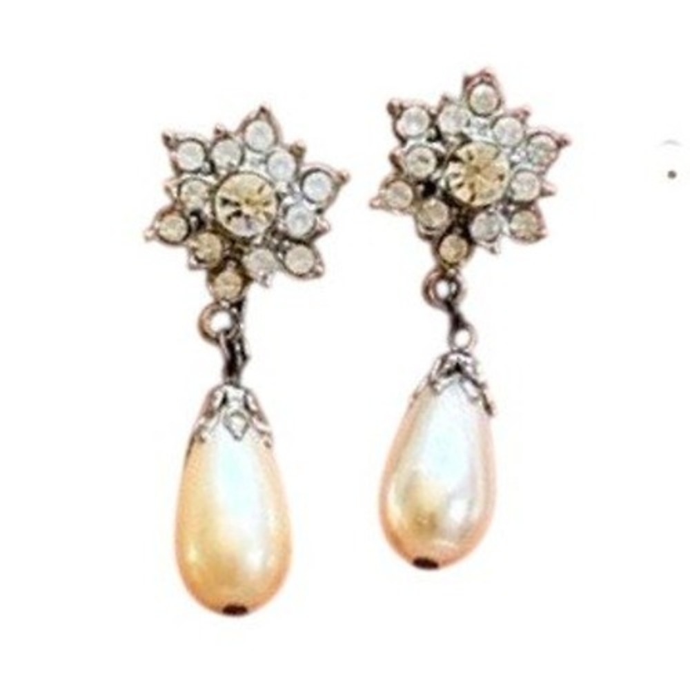 VTG 1928 Co Dangle Earrings Clip pearl rhinestone silver Crystal Regal Victorian